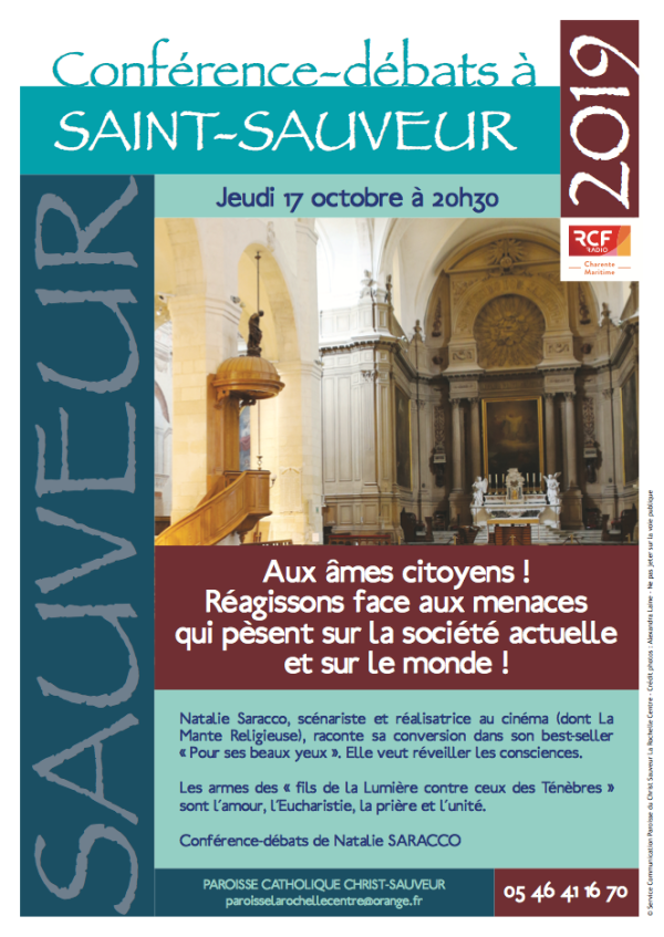 NATALIE SARACCO  : conférence à la Rochelle, à l’Église Saint-Sauveur, le Jeudi 17 octobre 2019 à 20h30 Natalie-saracco-17-oct-2019